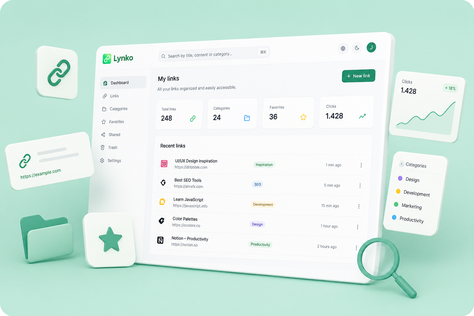 Lynko platform preview showing organized links, categories and search